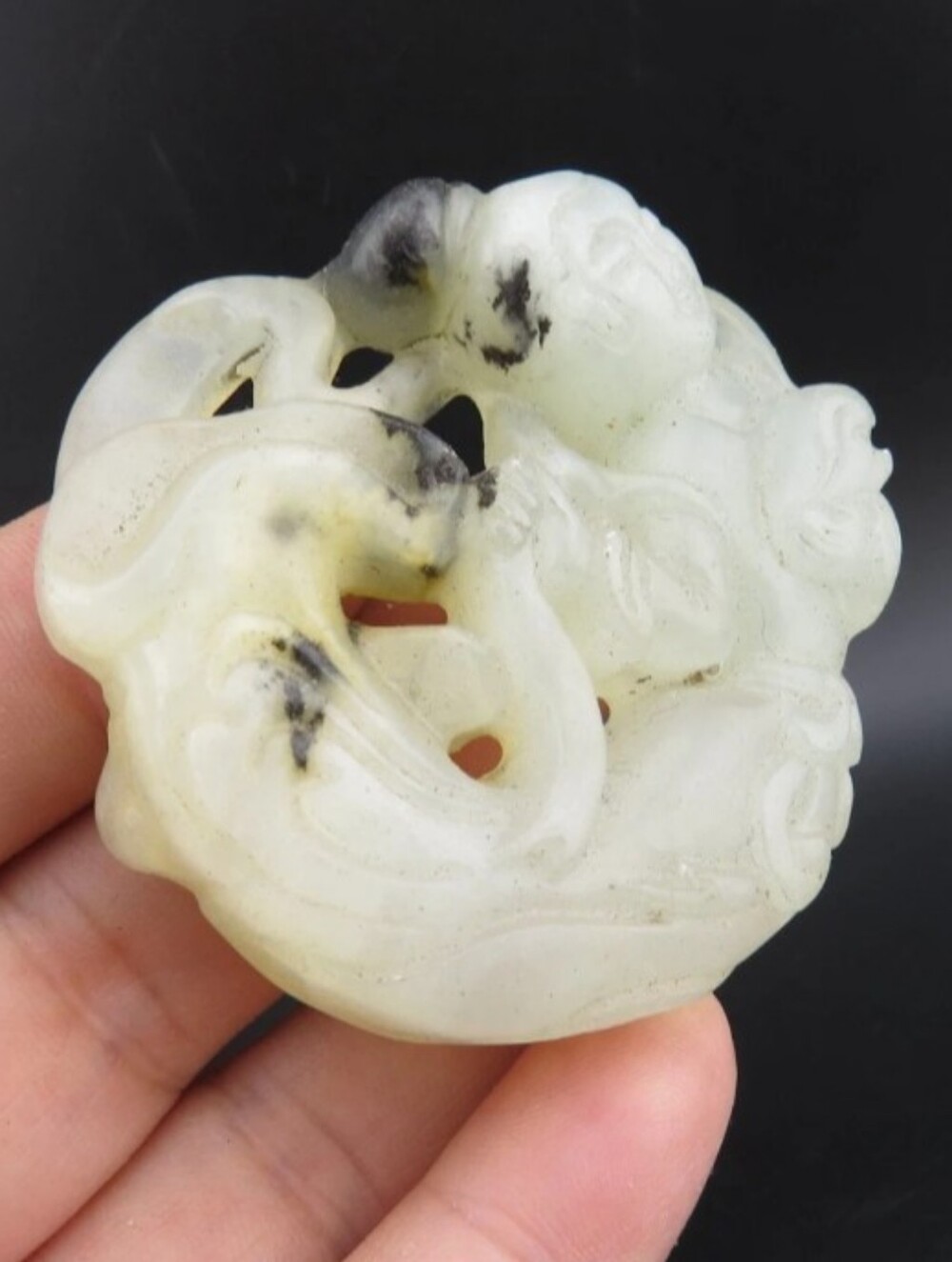 Rare Carved White Jade Fairy Pendant with Black Veining